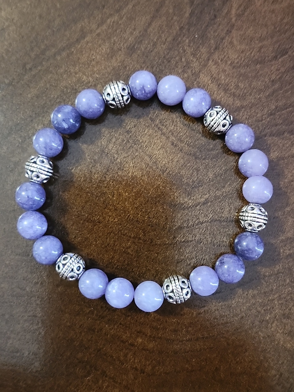 Handmade Lavender Chalcedony Beaded Bracelet with Antique Silver Accents.